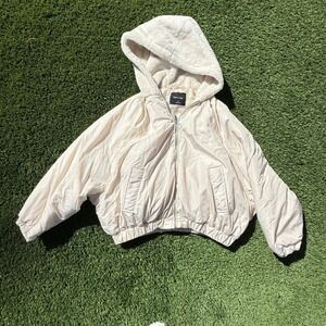New Look Womens Cream Bomber Jacket Faux Fur Lined‎ Hood Full Zip Size Medium